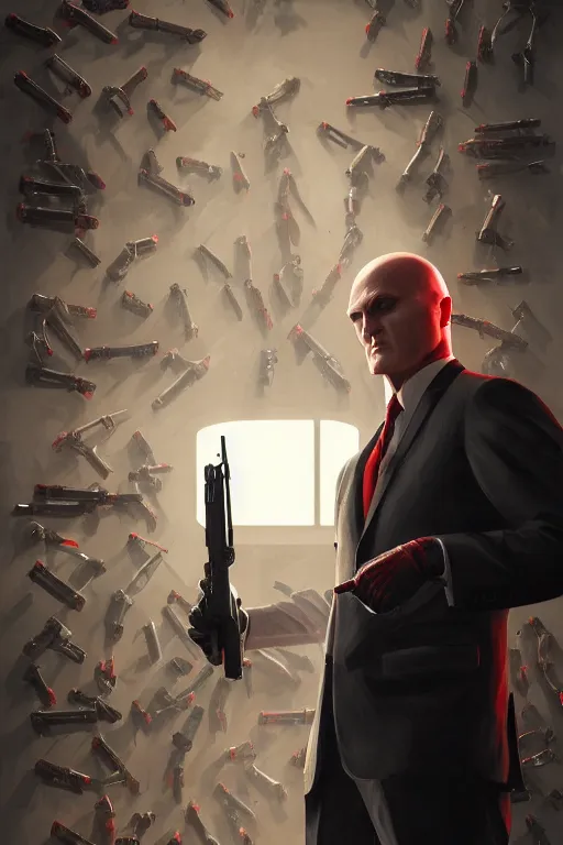 Image similar to a portrait of agent 4 7 from hitman choosing a weapon from a wall full of guns, dark background, red rim light, highly detailed, digital art, artstation, concept art by giger stalenhag