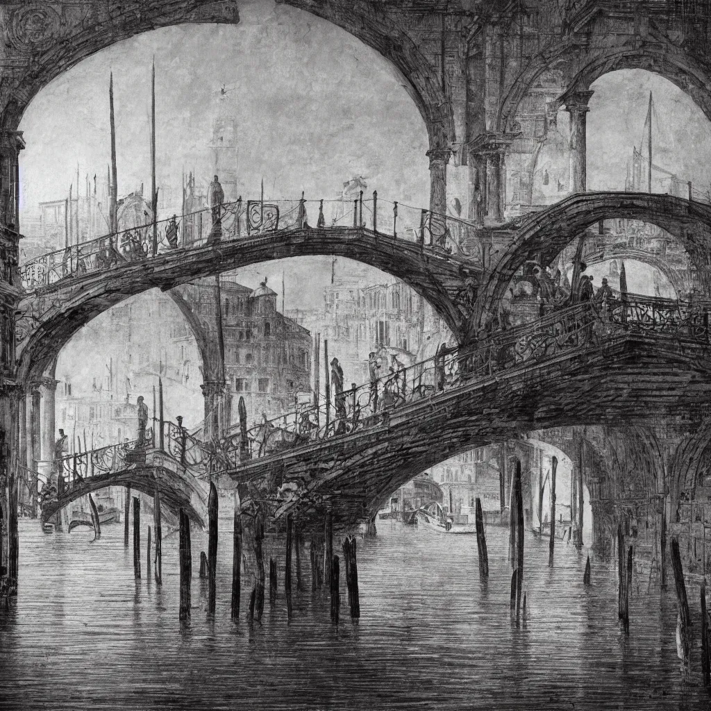 Image similar to venice bridges by piranesi, composition, cinematic, rule, grid