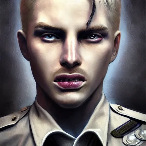 Image similar to portrait painting of a police officer with pale skin short blond hair a patchy beard and vampire fangs, sharp focus, ultra realistic, concept art, intricate details, eerie, highly detailed, photorealistic, octane render, 8 k, unreal engine. art by artgerm and charlie bowater and greg rutkowski