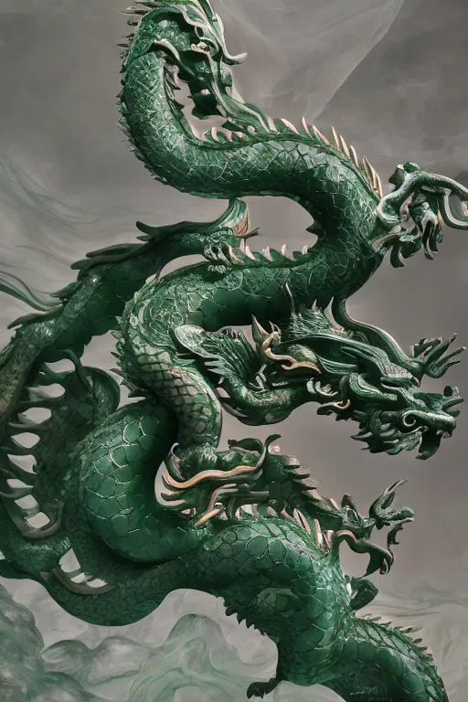 Image similar to a chinese dragon carved from translucent jade, dynamic pose standing on a marble pedestal, intricate details, intricate textures, warm lighting, vivid colors, smoke and mist, realistic octane render, hyper realistic render, volumetric shading, depth of field, raytracing, 8 k,