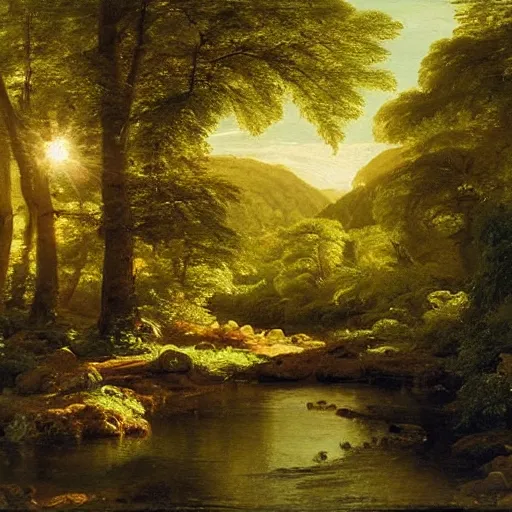 Image similar to There is a stream flowing through a peaceful forest. The sun shines through the trees, dappling the ground with light. The stream babbles gently. An oil painting by Thomas Cole