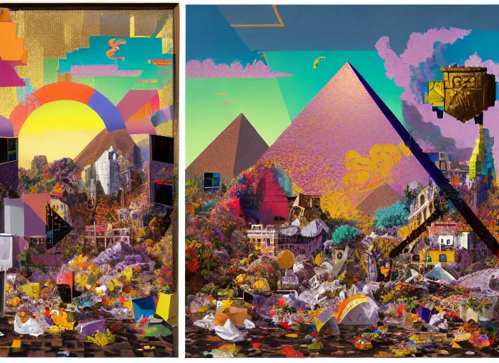 Prompt: pixel art, decollage, dumpster with colorful huge baroque trash can, montain view landscape with a semitranslucent inverted floral pyramids, opaque shattered windows and twisted porcelain bats, in a golden sunset sky, by adrian ghenie, francis bacon, daniel richter and hilma af klint, extremely detailed, graffiti letters, children painting, amateur, 8k