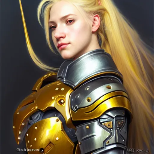 Image similar to Portrait of a girl with blonde hair wearing a heavy knight armor, Overwatch inspired, golden accents and armor by Donato Giancola, face, fantasy, intricate, elegant, highly detailed, digital painting, artstation, concept art, smooth, sharp focus, illustration, art by Wei Fan and Fernanda Suarez and Artem Demura and alphonse mucha