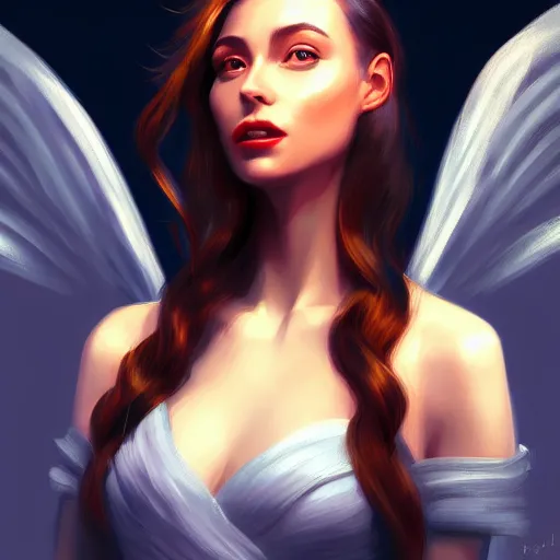 Prompt: 3 / 4 view of a portrait of a pretty woman with wings with wings, confident pose, digital painting, artstation, concept art, smooth, sharp focus, illustration, trending on artstation, highly detailed, concept art, moonlight, trending on artstation, imax 7 0 mm, h 6 4 0