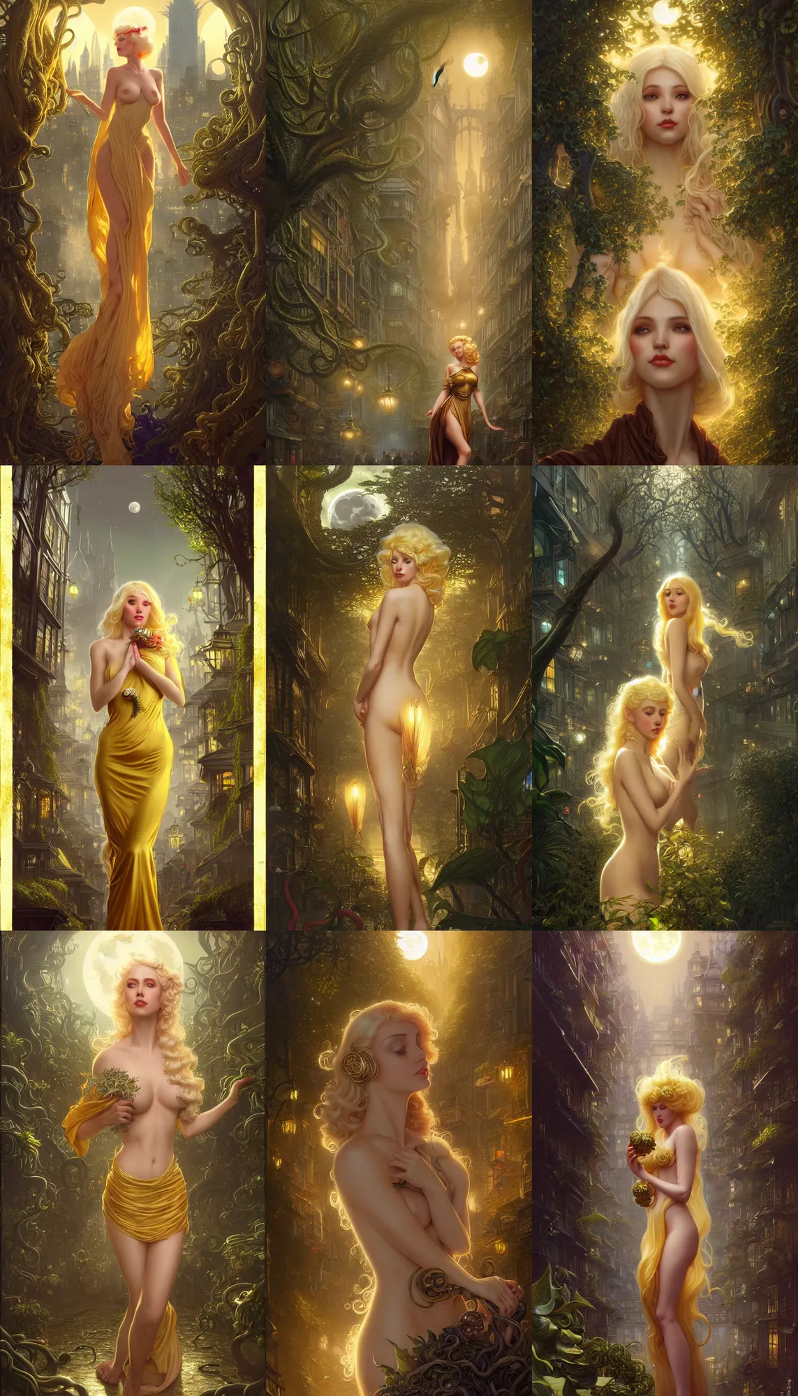 Prompt: blonde in golden dress looking at a hyper realistic arkham horror city, crowded market street overtaken by lush plants, tentacles, lovecraft, full moon, light rays, gnarly trees by tom bagshaw, mucha, gaston bussiere, craig mullins, j. c. leyendecker 8 k