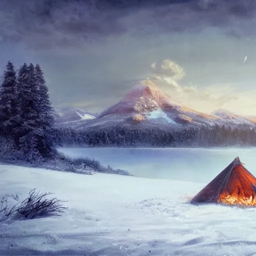 Prompt: beautiful render of a winter landscape, unreal engine, first light, majestic snowy mountains, lake, lush grass, dramatic clouds, teepee, village, campfire, soft light, by greg rutkowski, cgsociety - n 5