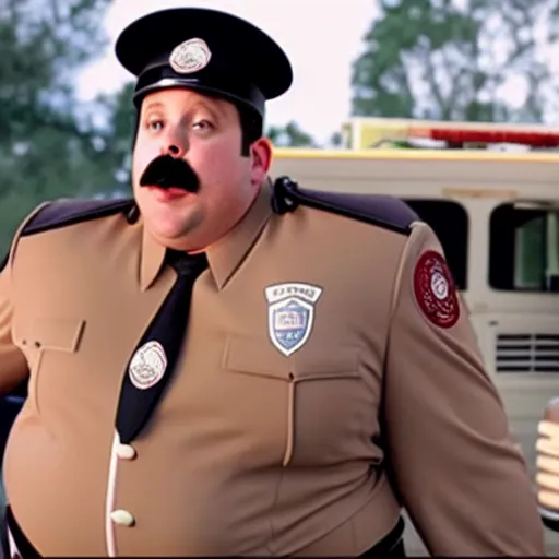 Image similar to paul blart getting hit by an ice cream truck, still from paul blart mall cop