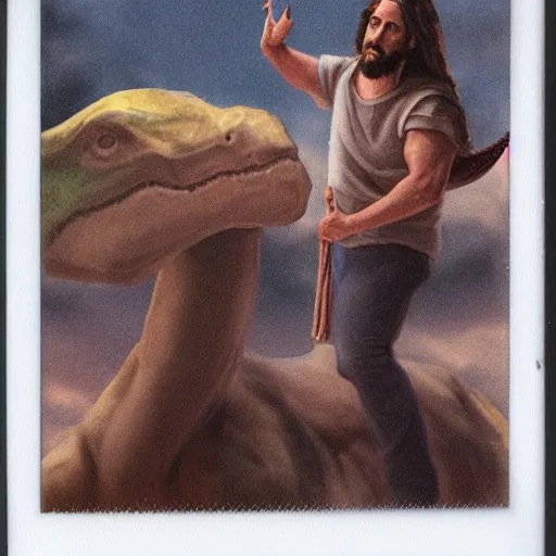 Prompt: a Polaroid of jesus riding a dinosaur