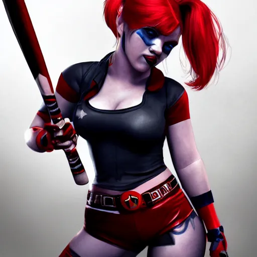 Image similar to Scarlett Johansson as Harley Quinn, holding bat, digital, artstation, cgsociety, 4k, high detail