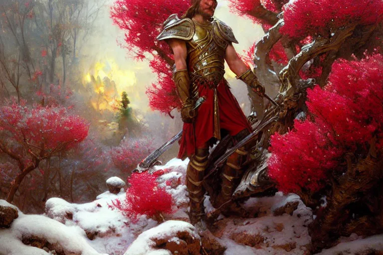 Image similar to winter, a male warrior wearing armor relaxing under a world tree with red flowers, ground covered with snow, extreme long shot, fantasy, painting by gaston bussiere, craig mullins, j. c. leyendecker, trending on artstation