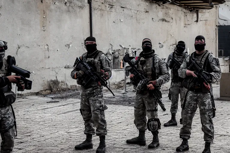 Image similar to Mercenary Special Forces soldiers in grey uniforms with black armored vest and black helmets in urban warfare in Russia 2022, Canon EOS R3, f/1.4, ISO 200, 1/160s, 8K, RAW, unedited, symmetrical balance, in-frame, combat photography