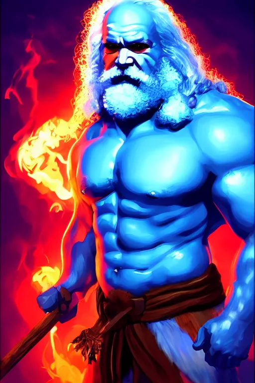 Image similar to character portrait of buff barbarian karl marx with shining blue body painting, dungeons and dragons cover artwork, dynamic composition, dramatic lighting, trending on artstation, award winning art, stylized painting, concept art, 4 k, 8 k