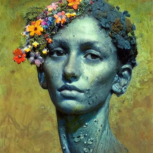 Prompt: a sculpture portrait made of water and sand and flowers and plants, painting part by wojciech siudmak, part by ilya repin, part by max ernst, part by norman rockwell, artstation