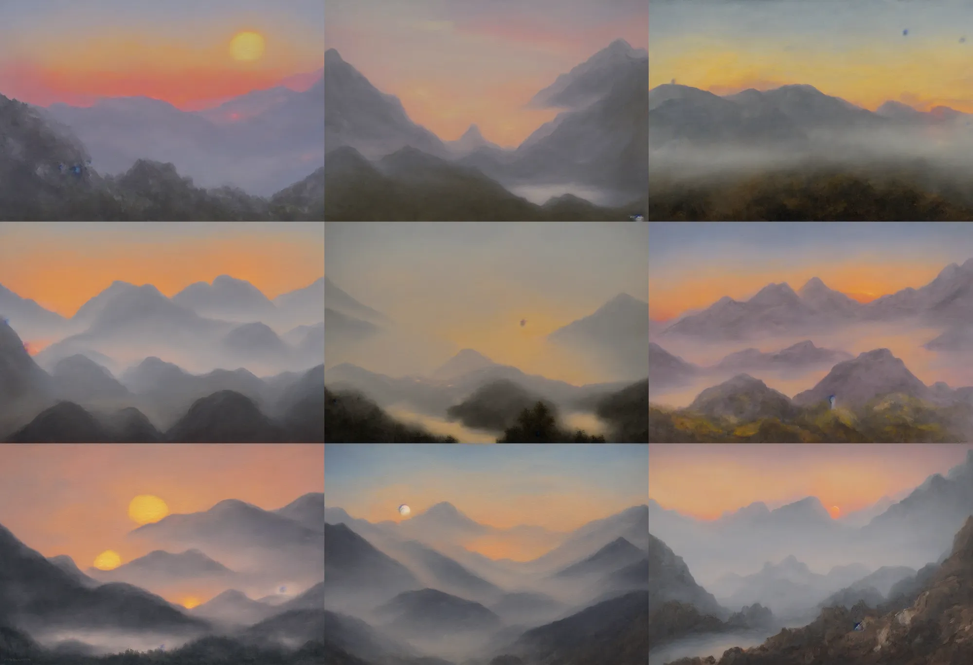 Prompt: foggy 🏔, maximalist painting, sunset, white marble