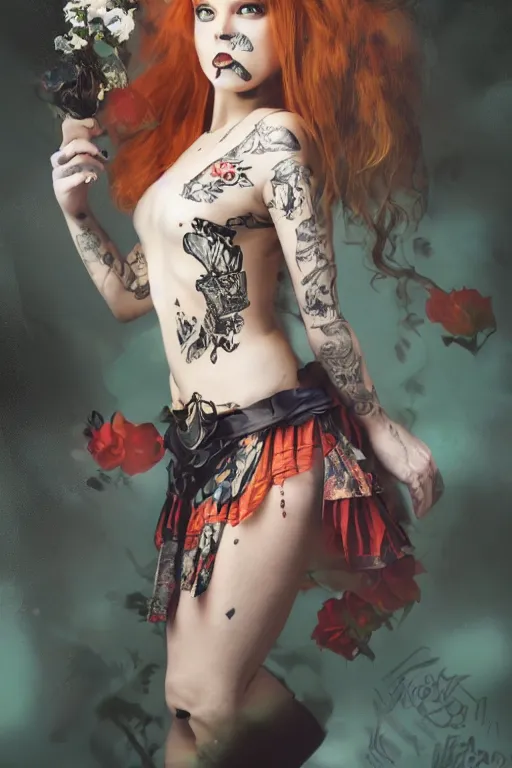 Image similar to Beautiful female, full body, Alice in wonderland, punk rock, piercings, tattoos, skirt, midriff, dramatic lighting, cinematic, establishing shot, extremely high detail, foto realistic, cinematic lighting, post processed, concept art, high details, cinematic, 8k resolution, beautiful detailed, photorealistic, digital painting, artstation, concept art, smooth, sharp focus, artstation trending, octane render, unreal engine