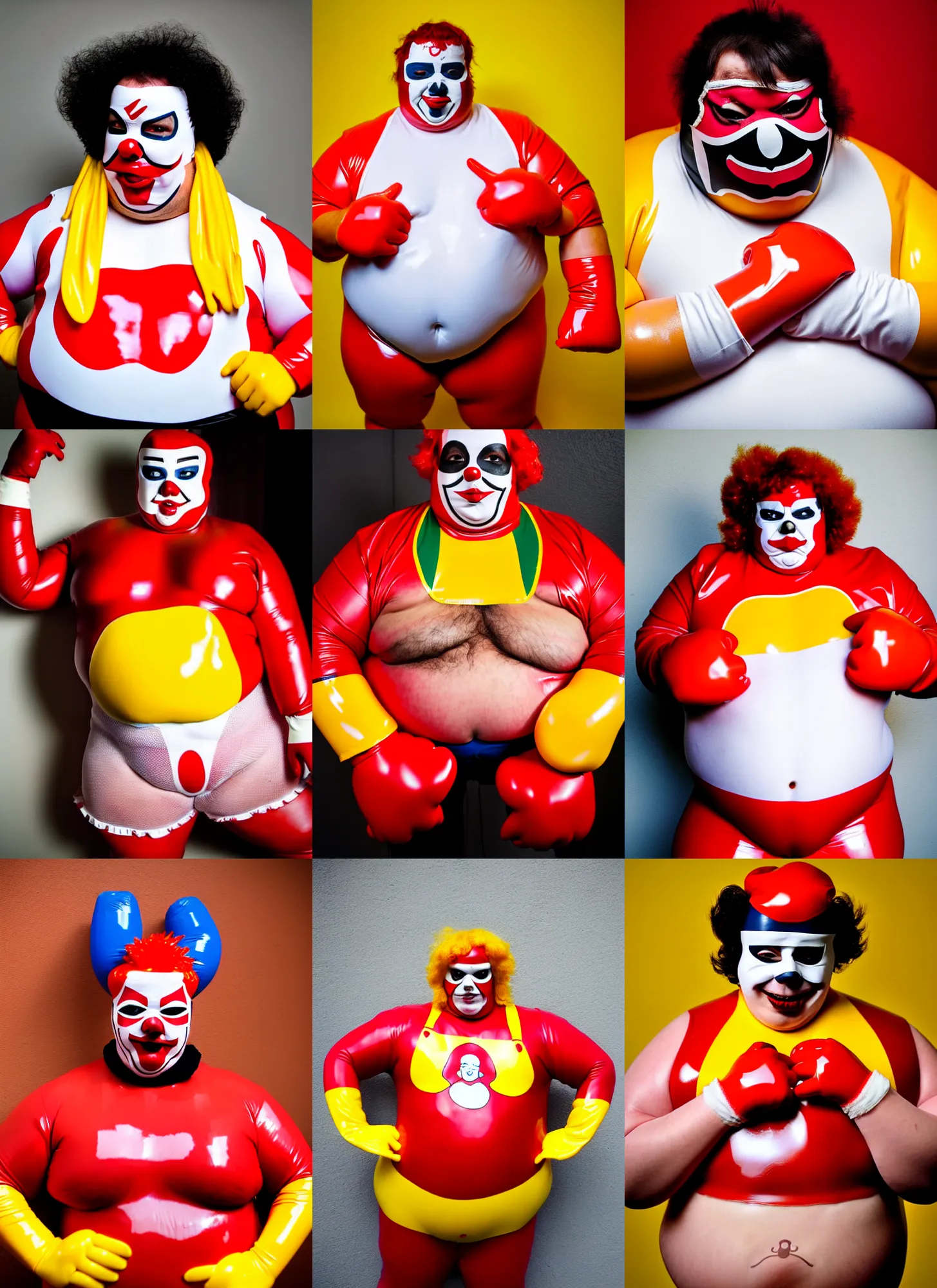 Prompt: portrait of a very chubby looking Lucha libre dressed in Ronald McDonald rubber latex costume with red and white color latex sleeves, yellow latex gloves, hamburger tattoo on bare hairy chest, red Ronald McDonald hair
