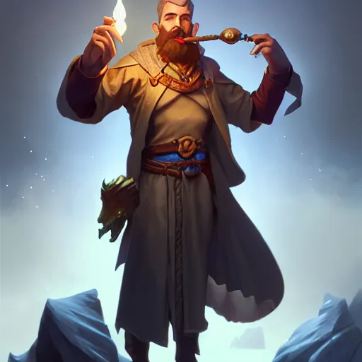 Prompt: male, wizard, smoking pipe, glacier landscape, D&D, fantasy, intricate, elegant, highly detailed, digital painting, artstation, octane render, concept art, matte, sharp focus, illustration, hearthstone, art by Artgerm and Greg Rutkowski and Alphonse Mucha