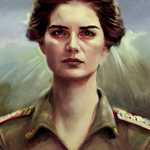 Image similar to portrait young soviet revolutionary leader nadezhda konstantinovna krupskaya, colourised, face portrait, epic, tragic, military art, fantasy, dieselpunk, hd shot, digital portrait, beautiful, artstation, comic style, by artgerm, guy denning, jakub rozalski, magali villeneuve and charlie bowater