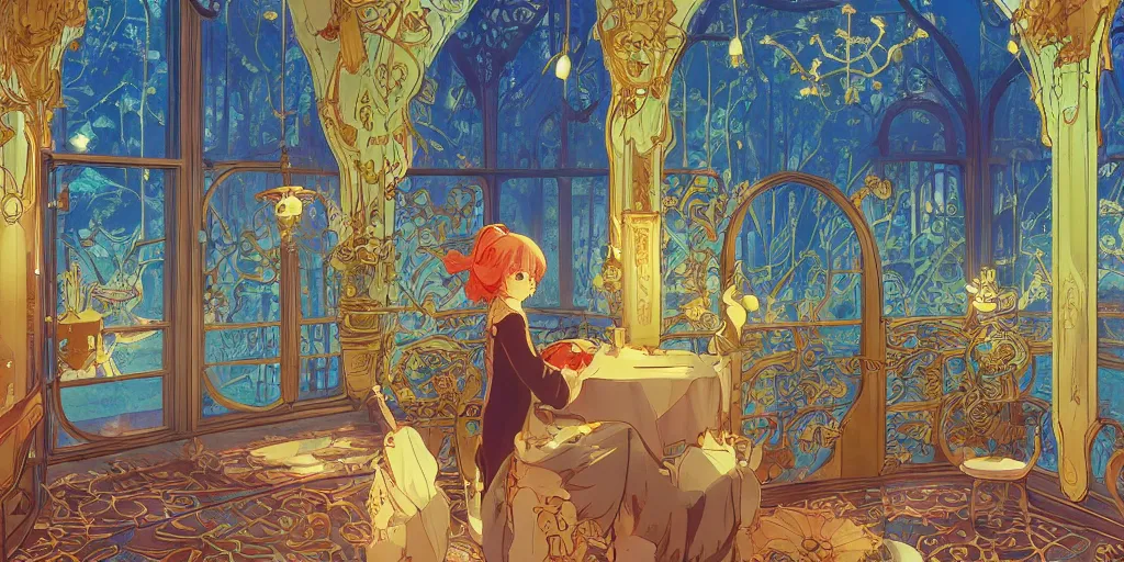 Image similar to an art nouveau decorated alchemy room, magical, bright, colorful, fantastic lighting, amazing details, 4 k uhd, illustration by hayao miyazaki and makoto shinkai and ilya kuvshinov, artstation, pixiv,