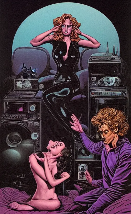 Image similar to Man and woman start to bounce in a living room of a house, floating dark energy surrounds the middle of the room. There is one living room plant to the side of the room, and another woman with siren body sitting on the sofa, surrounded by a background of dark cyber mystic alchemical transmutation heavenless realm, cover artwork by philippe caza, midnight hour, part by francis bacon, part by jeffrey smith, part by josan gonzales, part by norman rockwell, part by phil hale, part by kim dorland, rich deep color scheme, artstation, matte gouache illustration, highly detailed,