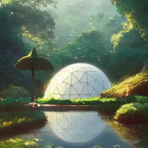 Image similar to geodesic dome in front of a lake with gardens and waterfall, gapmoe kuudere moody lighting stunning bokeh highlights sharp contrast | trending pixiv fanbox | by greg rutkowski makoto shinkai takashi takeuchi studio ghibli