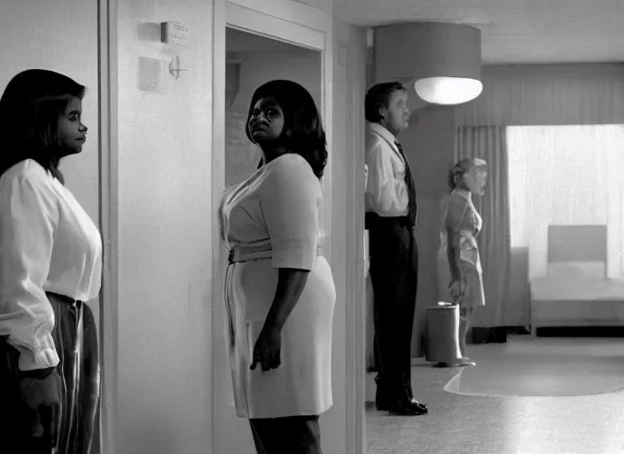 Image similar to cinematic shot of octavia spencer confronts joe manchin in a motel, in the near future, iconic scene from the paranoid thriller sci fi film directed by stanley kubrick, color theory, apartment design, leading lines, photorealistic, volumetric lighting, shot on color kodak stock