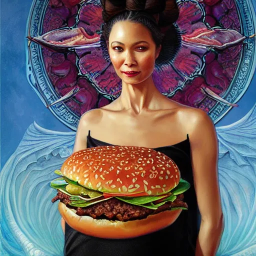 Prompt: detailed full body concept art illustration oil painting of a portrait of Thandiwe Newton eating hamburgers, extra ketchup, bacon lettuce and tomatos, oriental art nouveau, frock, mid body, radiant halo of light, black gold smoke ink, woman covered in butterflies and flowers, peter mohrbacher, artgerm