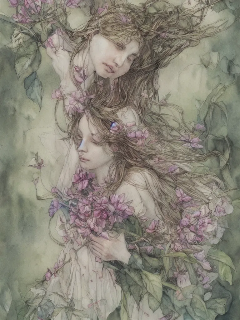 Image similar to study of a flower fairy, illustration, watercolor, alan lee, detailed, pretty, ethereal, realistic, artstation,