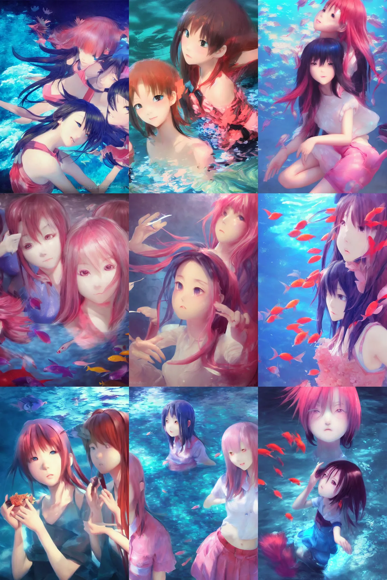 Prompt: 3d infrared octane render concept art by by Mo Xiang Tong Xiu, by Igarashi Daisuke, by makoto shinkai, cute beauty selfie portrait anime funny two schoolgirls under dark pink and blue underwater. koi fish. beautiful and cutest faces. dramatic deep light, trending on artstation, oil painting brush