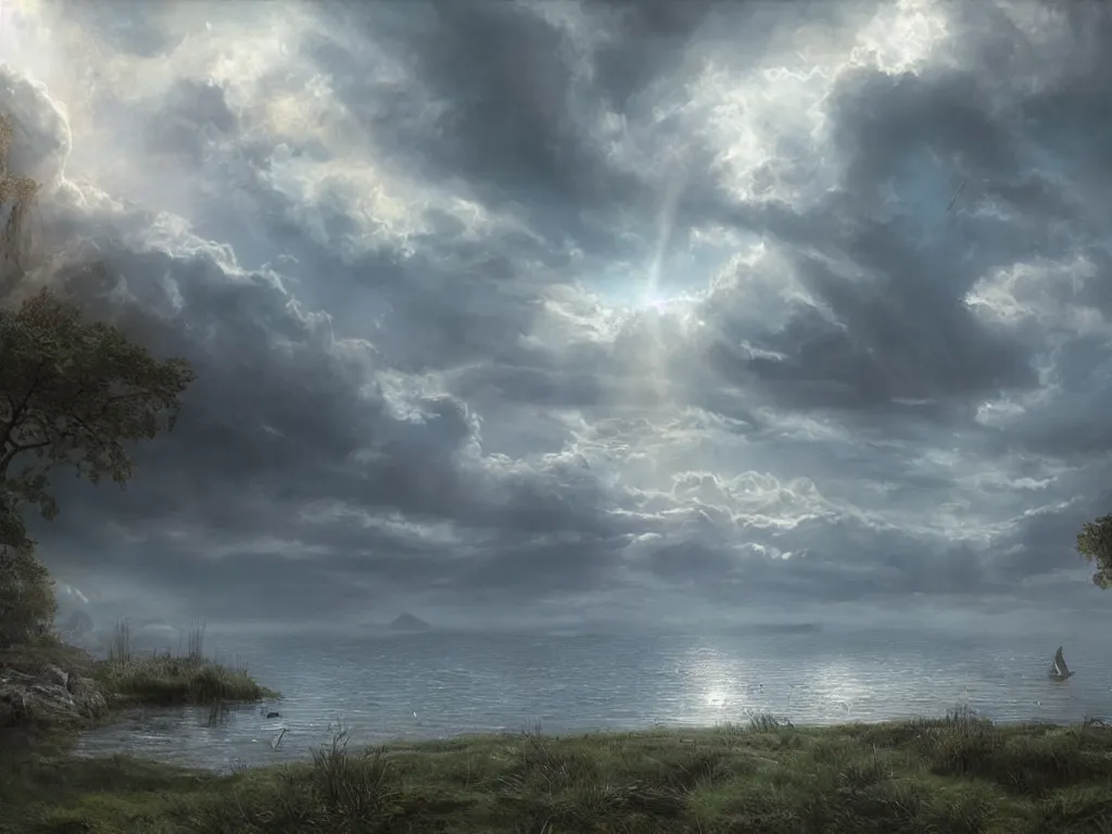 Prompt: a cinematic landscape view over a lakeside, the sun shines through the parted clouds, digital painting, fantasy, art by alexandre mahboubi and christophe oliver