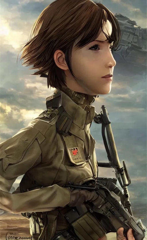 Prompt: brown hair girl, trading card front, future soldier clothing, future combat gear, realistic anatomy, concept art, professional, by ufotable anime studio, green screen, volumetric lights, stunning, military camp in the background, metal hard surfaces, focus on generate the face, tanny skin, strafing a10 warthog