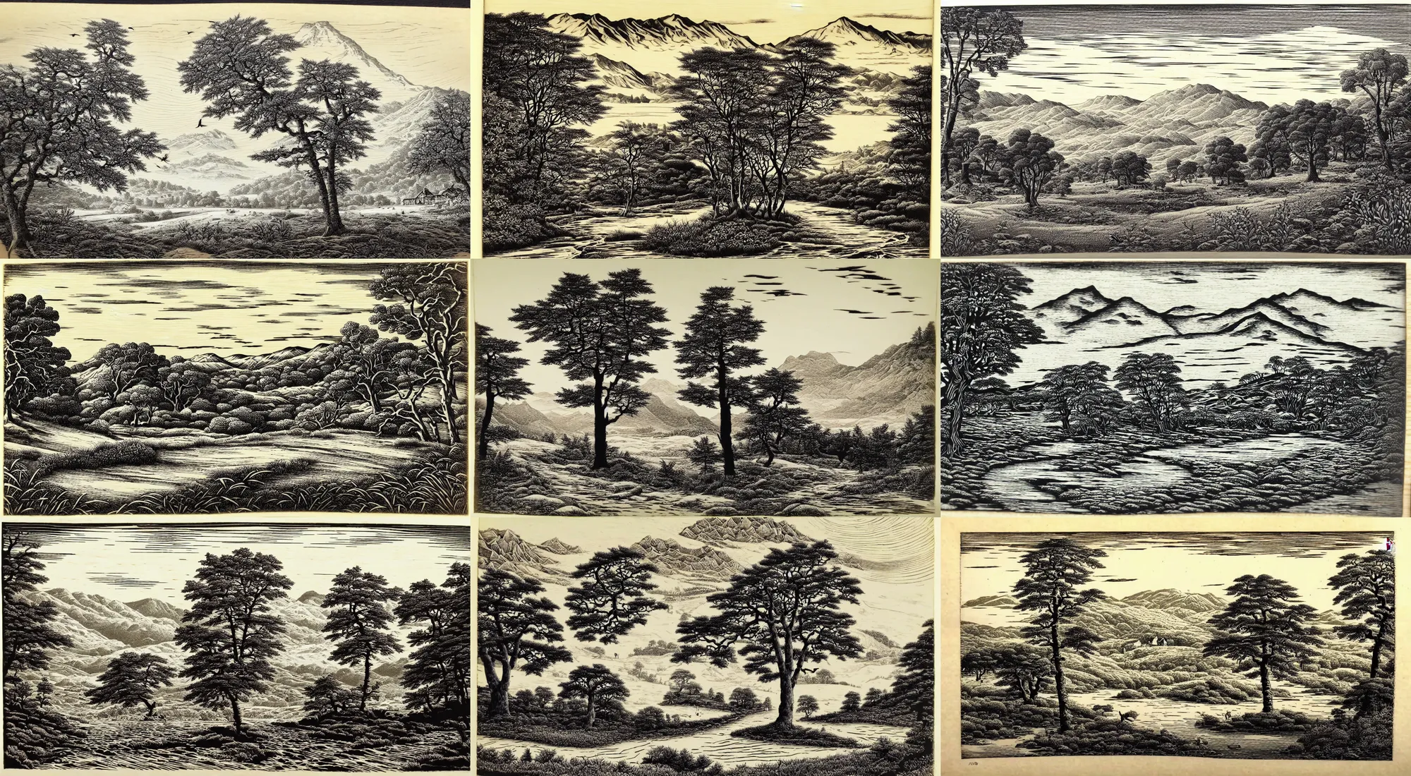 Prompt: a beautiful landscape Wood engraving on paper