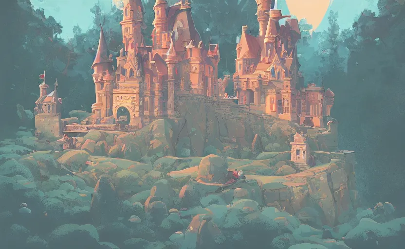 Prompt: old tiny magical castle school on a hill, students flying on brooms, james gilleard, moebius, print, game art