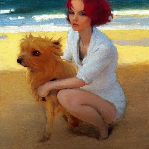 Image similar to beautiful woman with orange hair, tiny white dog, dean cornwell style, on the beach