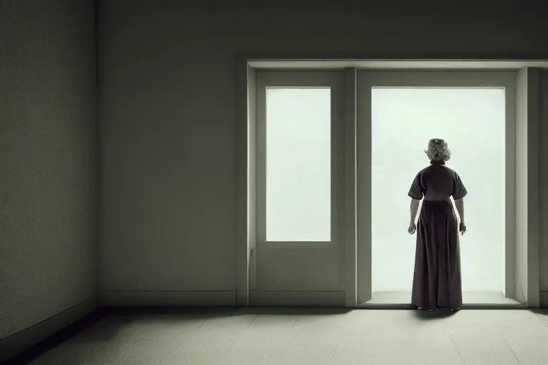 Image similar to a cinematic painting of an old female prisoner inside of jail cell looking out of a window onto a beautiful serene landscape, beautiful lighting, high depth, ultra realistic, artistic, by annie leibovitz, by gregory crewdson