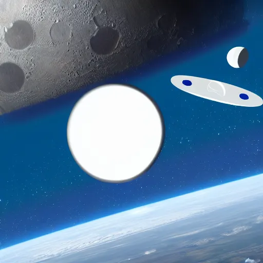 Image similar to Drupal logo fly on a spaceship to space with moon in the background, photorealistic