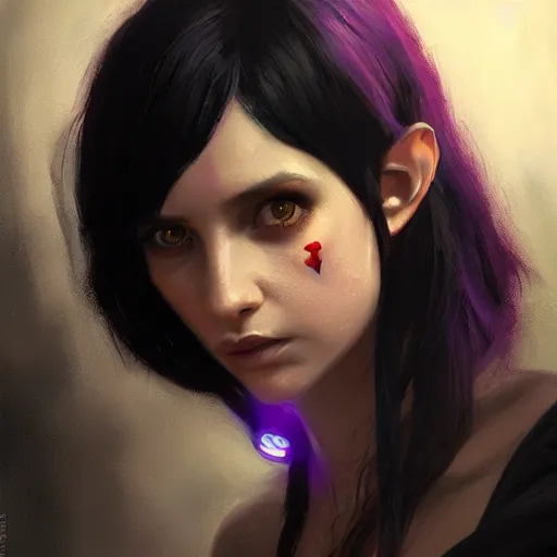 Image similar to portrait painting of female forest elf black hair, purple eyes, black dress, dramatic light, 8 k, by greg rutkowski