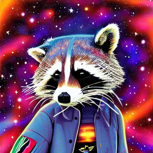 Image similar to raccoon skateboarding through the cosmos, highly detailed, colorful