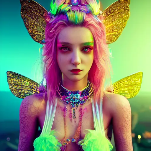 Prompt: portrait of neon fairy princess, glowing, ornate and intricate jewelry, jaw dropping beauty, glowing background lighting, white accent lighting, hyper detailed, fairy tale, 4 k octane render