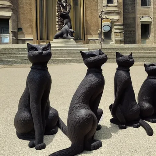 Image similar to a group of cats worshipping a statue of catwoman