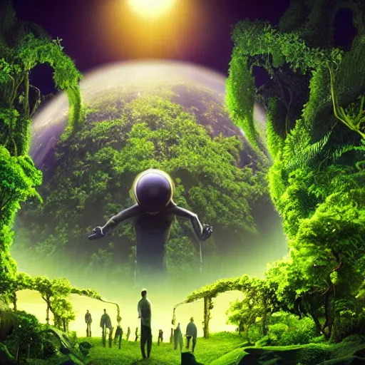 Image similar to cinema 4D cinematic render, utopian jungle in space ,a detailed zoned in human anatomy veins, nature, heavy green, dramatic lens flares,far view apes hanging from vines, a evil dark sun , depth field, unreal engine, sharp, incredible detail, professional composition, quality digital art, 4k, 4k concept art and hyper realism