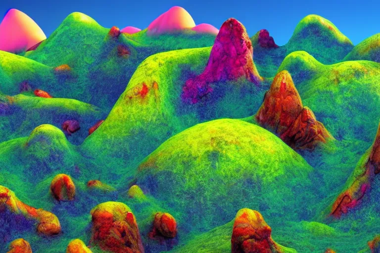 Prompt: photo realistic vhs footage of a colorful alien world, with absurd looking mountains and terrain, green grass, and lots of weird alien plants, bright blue sky, wide angle view, dr seuss inspired