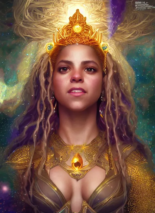 Prompt: cosmic portrait of shakira as queen of the universe, hyper detailed, digital art, cinematic lighting, studio quality, smooth render, unreal engine 5, octane rendered, art style by klimt and nixeu and ian sprigger and wlop and krenz cushart.