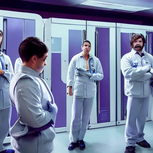 Image similar to troop jack black clones with white bob hairdos, tight light blue and lavender neopren suits, standing next to tall scientist looking at a clipboard, futuristic cloning facility, sci - fi, highly detailed, cinematic