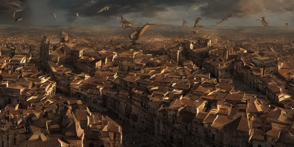 Prompt: the monumental city of caceres with dragons flying over it, dramatic lighting, cinematic, extremly high detail, photorealistic, cinematic lighting, post processed, concept art, artstation, matte painting, style by greg rutkowsky