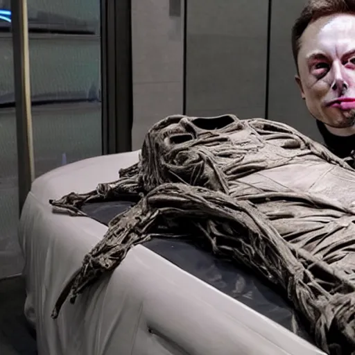 Image similar to mummified elon musk in his luxurious burial chamber, year 3 2 5 1, cyberpunk