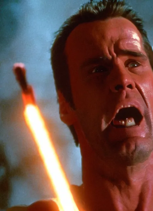 Prompt: Film still of Jim Carrey starring as John McClane in Die Hard, dramatic lighting, 4k