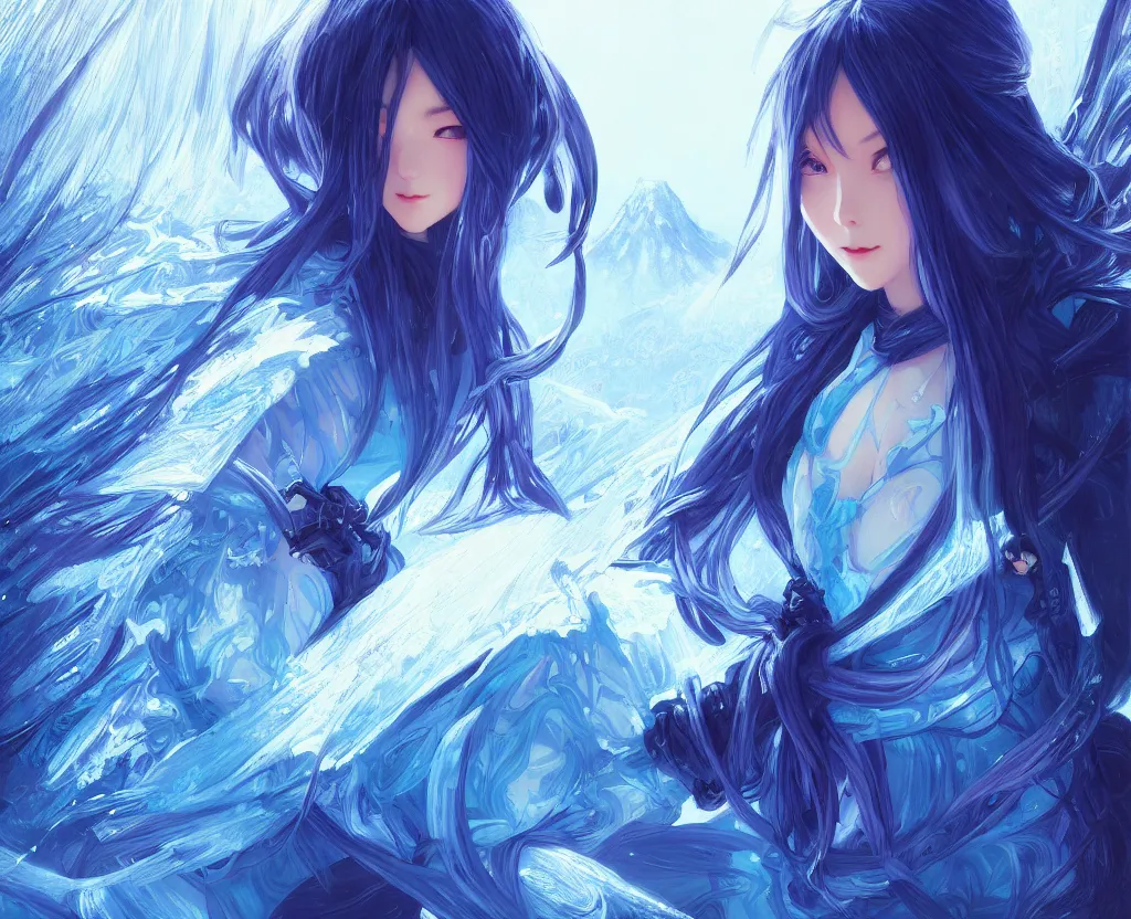 Image similar to portrait light cyan hair ninja gaiden girl, black plus little blue ninja wardrobe, at snowy fuji mountain sunrise, ssci - fi and fantasy, intricate and very very beautiful, detailed, digital painting, artstation, concept art, smooth and sharp focus, illustration, art by tian zi and wlop and alphonse mucha