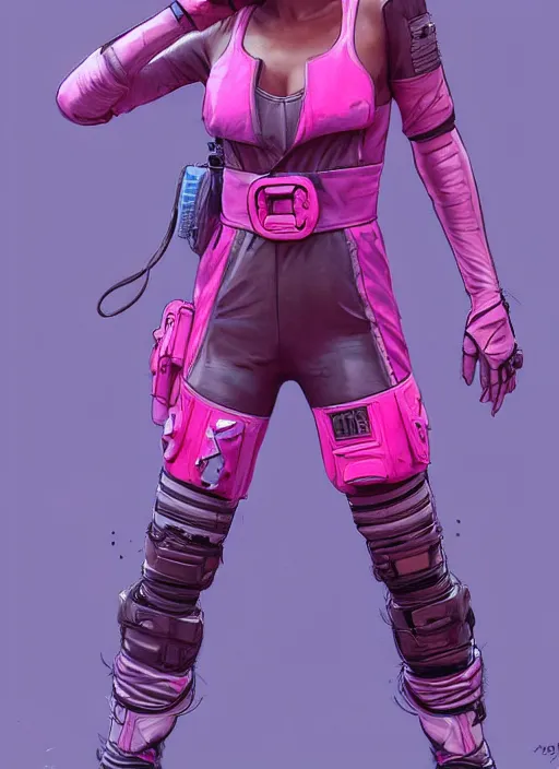 Image similar to apex legends cyberpunk athlete in pink jumpsuit. concept art by james gurney and mœbius. cinematic, hyper realism, realistic proportions, dramatic lighting, high detail 4 k