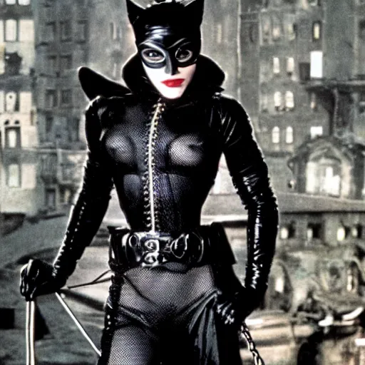 Image similar to A still of Madonna as Catwoman from Batman Returns. Extremely detailed. Beautiful. 4K. Award winning.